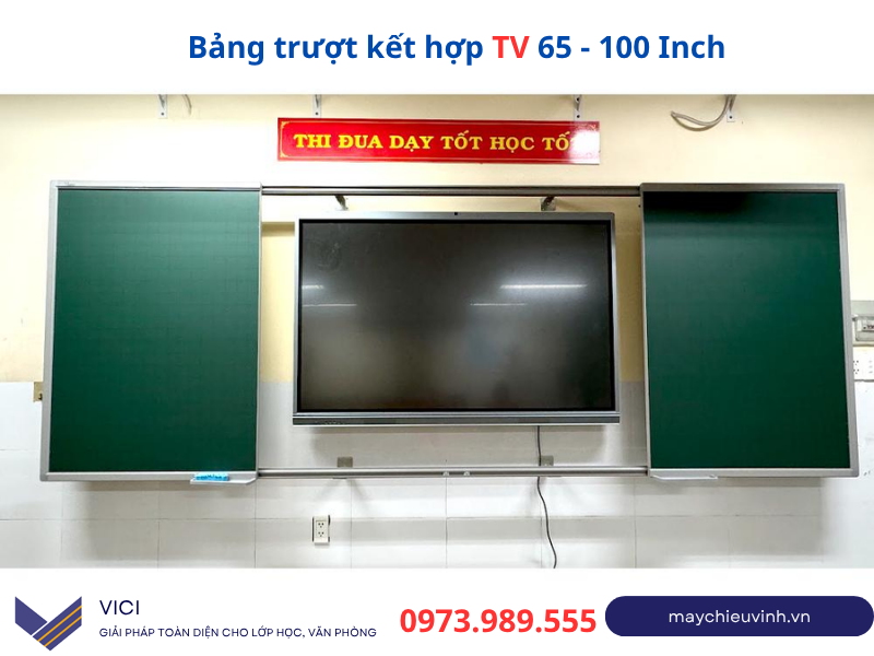 Bảng trượt ngang kết hợp tivi phù hợp với nhiều kích thước từ 65 - 100 inch